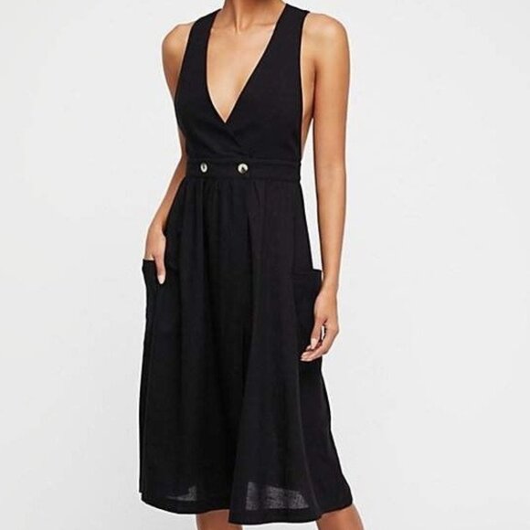 Free People Women's Black Diana V Neck‎ Midi Wrap Dress - Size M Medium - Picture 1 of 7